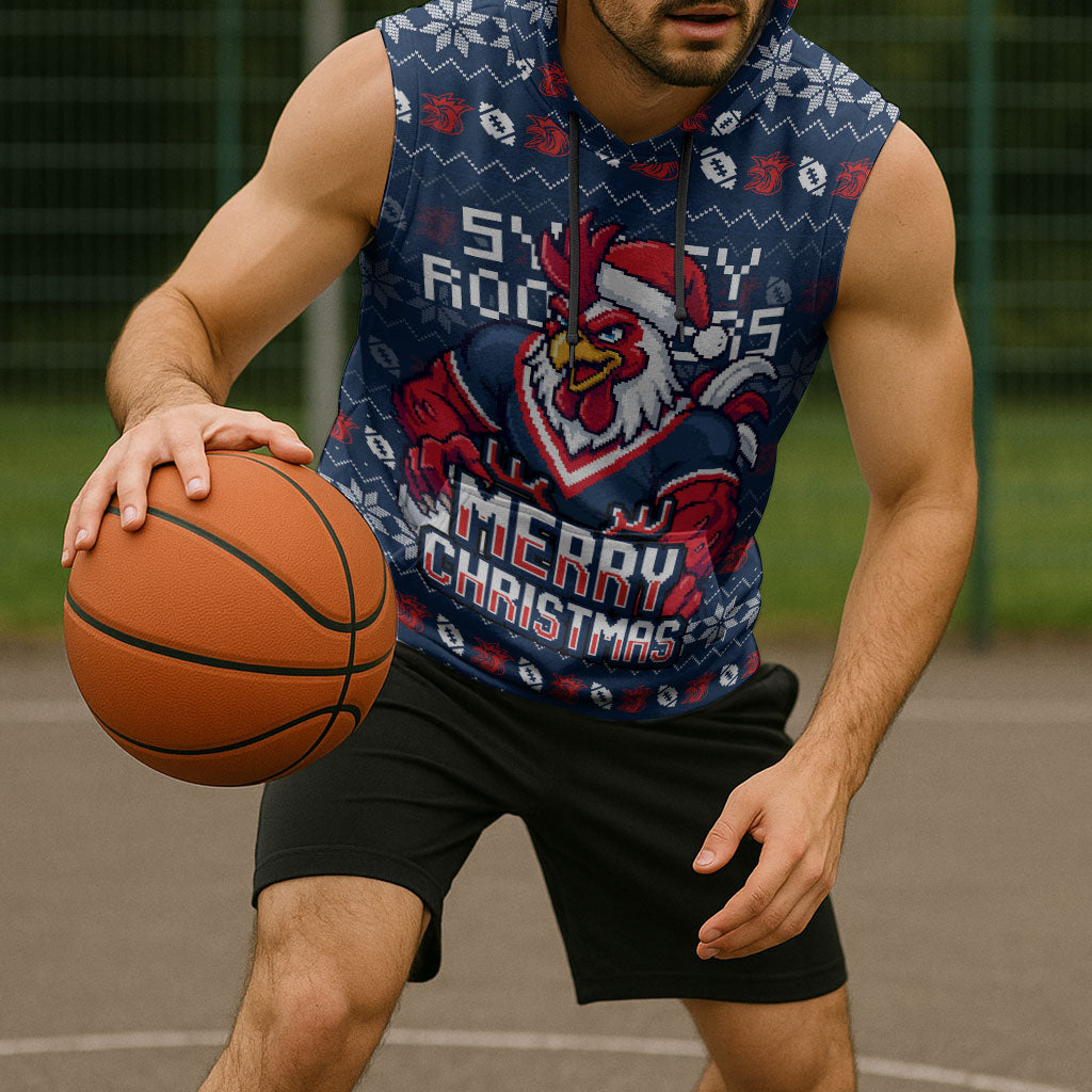 Personalized Sydney Roosters Christmas Sleeveless Hoodie Australian Rugby Fans - Pixelated Ugly Xmas Pattern Mascot Santa