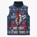 Personalized Sydney Roosters Christmas Sleeveless Puffer Jacket Australian Rugby Fans - Pixelated Ugly Xmas Pattern Mascot Santa