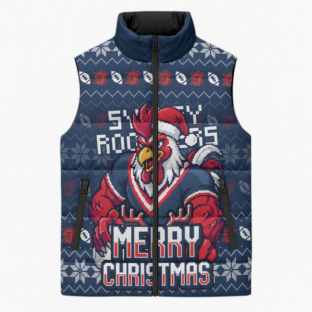 Personalized Sydney Roosters Christmas Sleeveless Puffer Jacket Australian Rugby Fans - Pixelated Ugly Xmas Pattern Mascot Santa