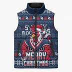 Personalized Sydney Roosters Christmas Sleeveless Puffer Jacket Australian Rugby Fans - Pixelated Ugly Xmas Pattern Mascot Santa