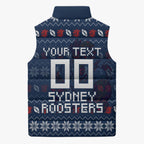Personalized Sydney Roosters Christmas Sleeveless Puffer Jacket Australian Rugby Fans - Pixelated Ugly Xmas Pattern Mascot Santa