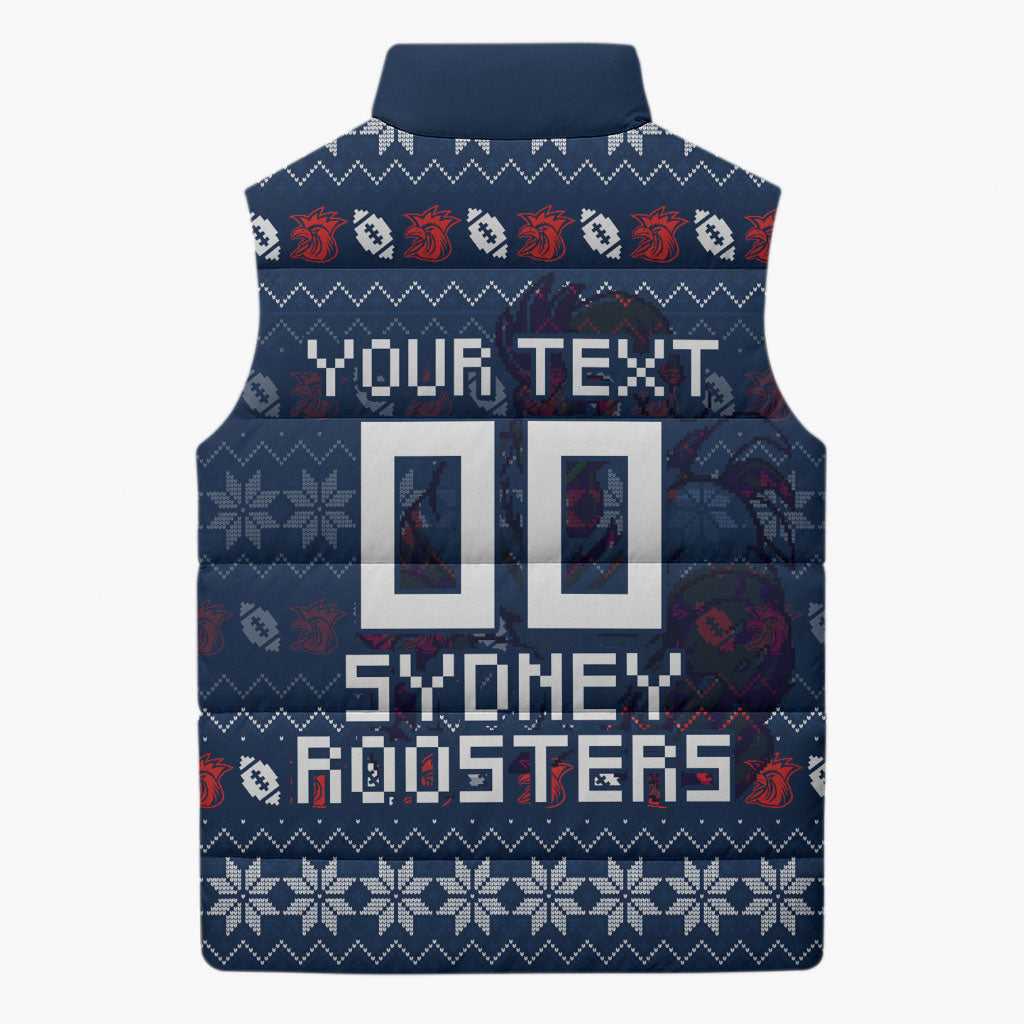 Personalized Sydney Roosters Christmas Sleeveless Puffer Jacket Australian Rugby Fans - Pixelated Ugly Xmas Pattern Mascot Santa