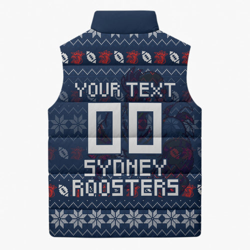Personalized Sydney Roosters Christmas Sleeveless Puffer Jacket Australian Rugby Fans - Pixelated Ugly Xmas Pattern Mascot Santa