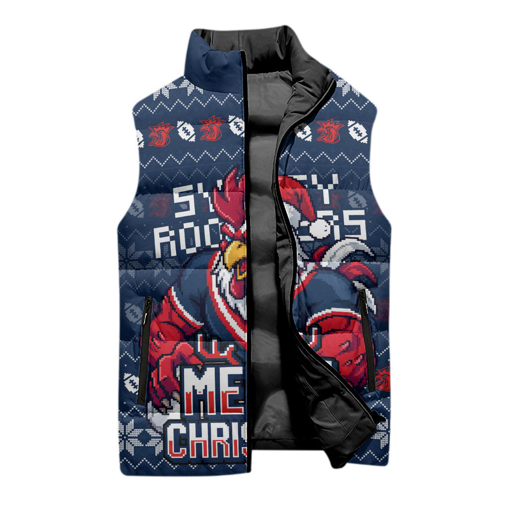 Personalized Sydney Roosters Christmas Sleeveless Puffer Jacket Australian Rugby Fans - Pixelated Ugly Xmas Pattern Mascot Santa