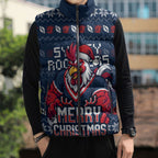 Personalized Sydney Roosters Christmas Sleeveless Puffer Jacket Australian Rugby Fans - Pixelated Ugly Xmas Pattern Mascot Santa