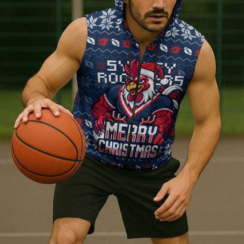 Personalized Sydney Roosters Christmas Sleeveless Zip Hoodie Australian Rugby Fans - Pixelated Ugly Xmas Pattern Mascot Santa