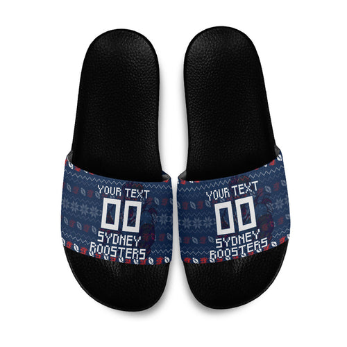 Personalized Sydney Roosters Christmas Slide Sandals Australian Rugby Fans - Pixelated Ugly Xmas Pattern Mascot Santa