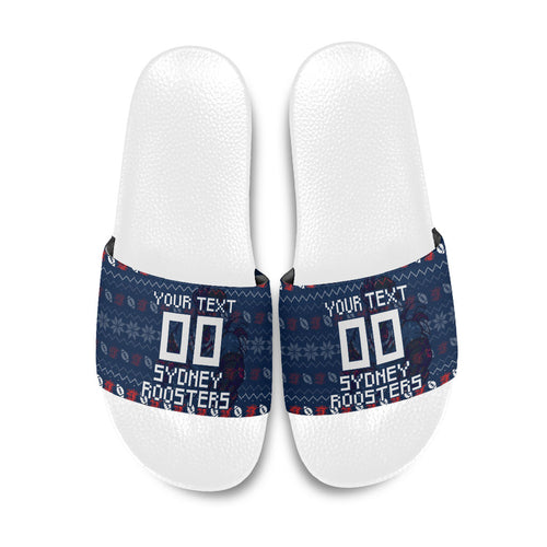 Personalized Sydney Roosters Christmas Slide Sandals Australian Rugby Fans - Pixelated Ugly Xmas Pattern Mascot Santa