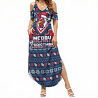 Personalized Sydney Roosters Christmas Summer Maxi Dress Australian Rugby Fans - Pixelated Ugly Xmas Pattern Mascot Santa