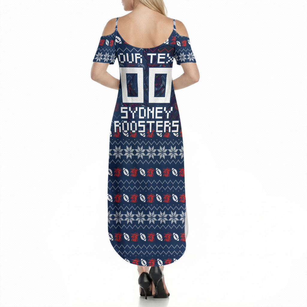 Personalized Sydney Roosters Christmas Summer Maxi Dress Australian Rugby Fans - Pixelated Ugly Xmas Pattern Mascot Santa