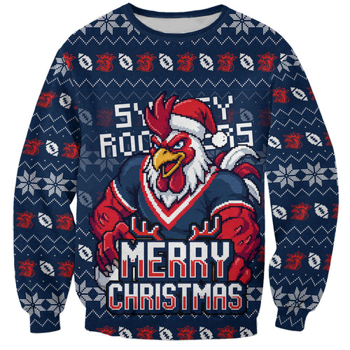 Personalized Sydney Roosters Christmas Sweatshirt Australian Rugby Fans - Pixelated Ugly Xmas Pattern Mascot Santa
