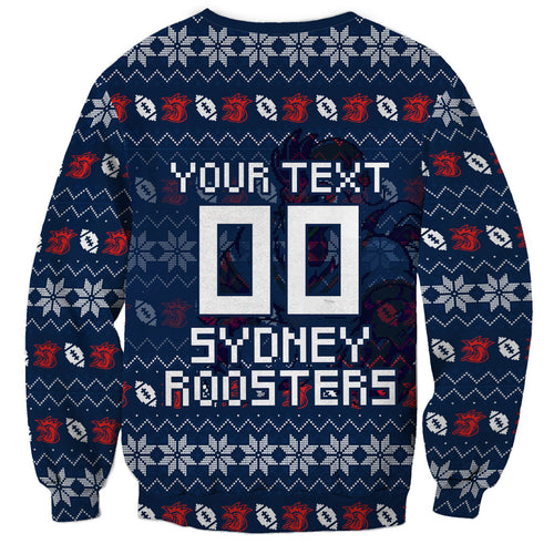 Personalized Sydney Roosters Christmas Sweatshirt Australian Rugby Fans - Pixelated Ugly Xmas Pattern Mascot Santa