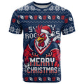 Personalized Sydney Roosters Christmas T Shirt Australian Rugby Fans - Pixelated Ugly Xmas Pattern Mascot Santa
