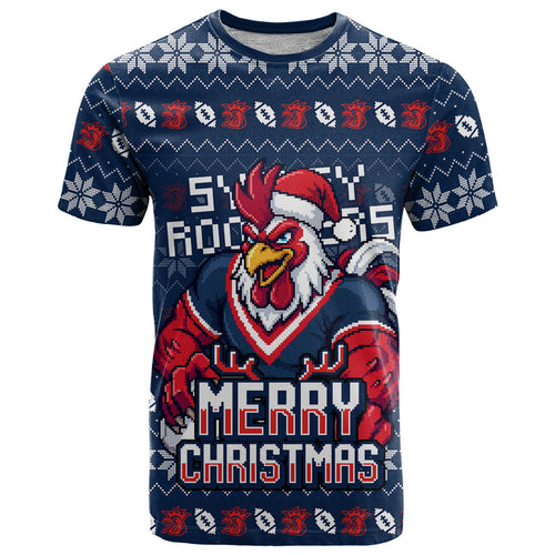 Personalized Sydney Roosters Christmas T Shirt Australian Rugby Fans - Pixelated Ugly Xmas Pattern Mascot Santa