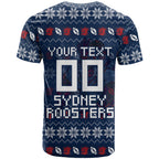Personalized Sydney Roosters Christmas T Shirt Australian Rugby Fans - Pixelated Ugly Xmas Pattern Mascot Santa