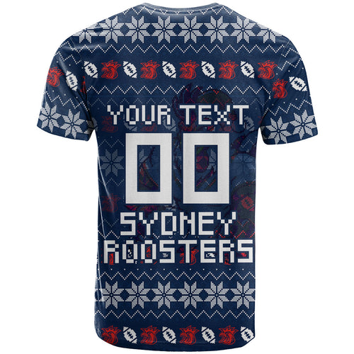 Personalized Sydney Roosters Christmas T Shirt Australian Rugby Fans - Pixelated Ugly Xmas Pattern Mascot Santa