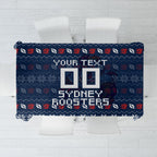Personalized Sydney Roosters Christmas Tablecloth Australian Rugby Fans - Pixelated Ugly Xmas Pattern Mascot Santa