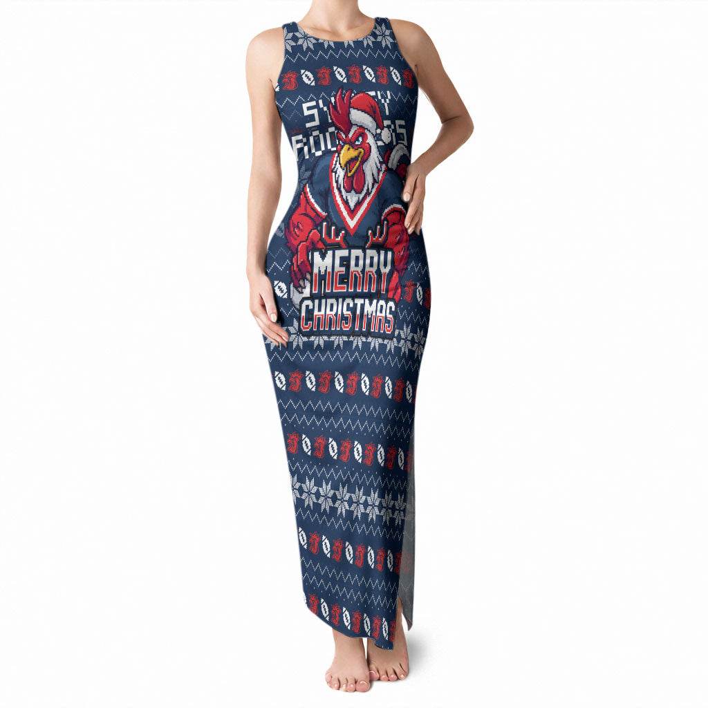 Personalized Sydney Roosters Christmas Tank Maxi Dress Australian Rugby Fans - Pixelated Ugly Xmas Pattern Mascot Santa
