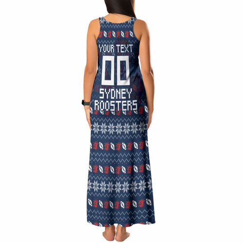 Personalized Sydney Roosters Christmas Tank Maxi Dress Australian Rugby Fans - Pixelated Ugly Xmas Pattern Mascot Santa