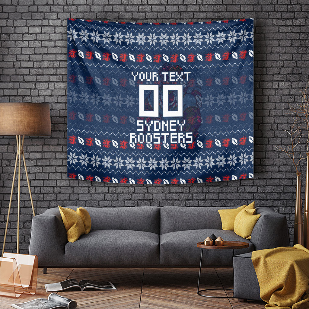 Personalized Sydney Roosters Christmas Tapestry Australian Rugby Fans - Pixelated Ugly Xmas Pattern Mascot Santa