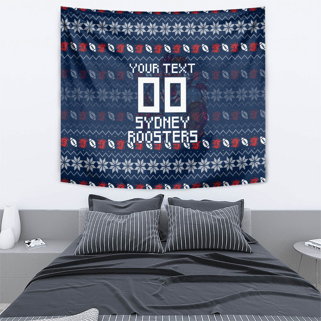 Personalized Sydney Roosters Christmas Tapestry Australian Rugby Fans - Pixelated Ugly Xmas Pattern Mascot Santa