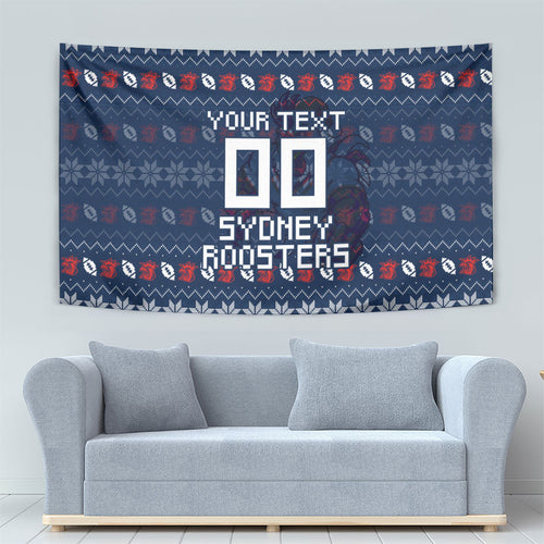 Personalized Sydney Roosters Christmas Tapestry Australian Rugby Fans - Pixelated Ugly Xmas Pattern Mascot Santa