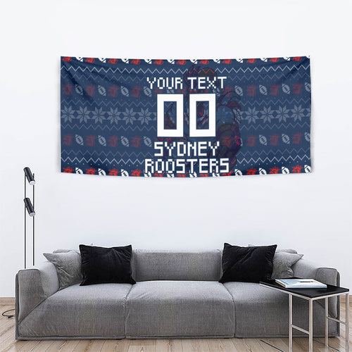 Personalized Sydney Roosters Christmas Tapestry Australian Rugby Fans - Pixelated Ugly Xmas Pattern Mascot Santa