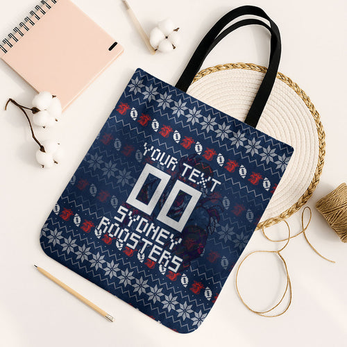 Personalized Sydney Roosters Christmas Tote Bag Australian Rugby Fans - Pixelated Ugly Xmas Pattern Mascot Santa