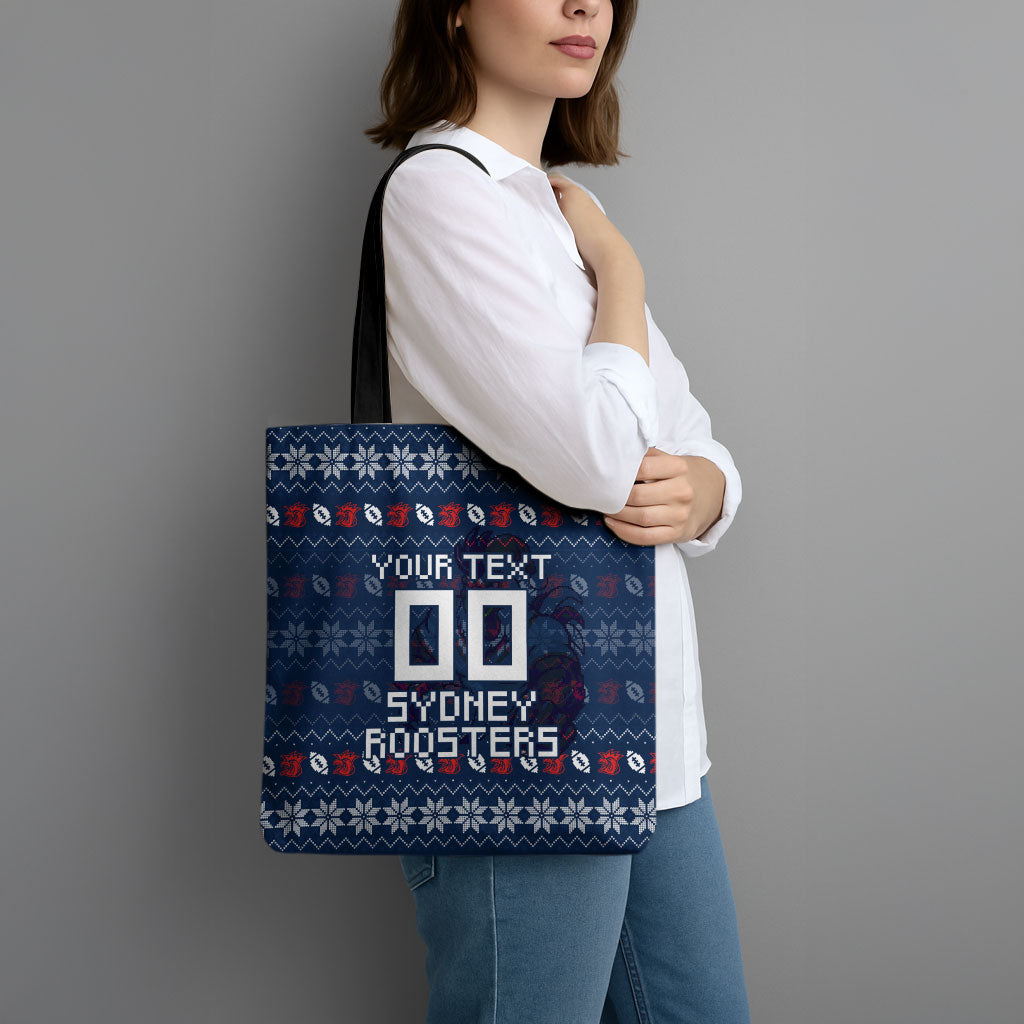 Personalized Sydney Roosters Christmas Tote Bag Australian Rugby Fans - Pixelated Ugly Xmas Pattern Mascot Santa