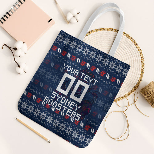 Personalized Sydney Roosters Christmas Tote Bag Australian Rugby Fans - Pixelated Ugly Xmas Pattern Mascot Santa