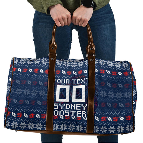 Personalized Sydney Roosters Christmas Travel Bag Australian Rugby Fans - Pixelated Ugly Xmas Pattern Mascot Santa