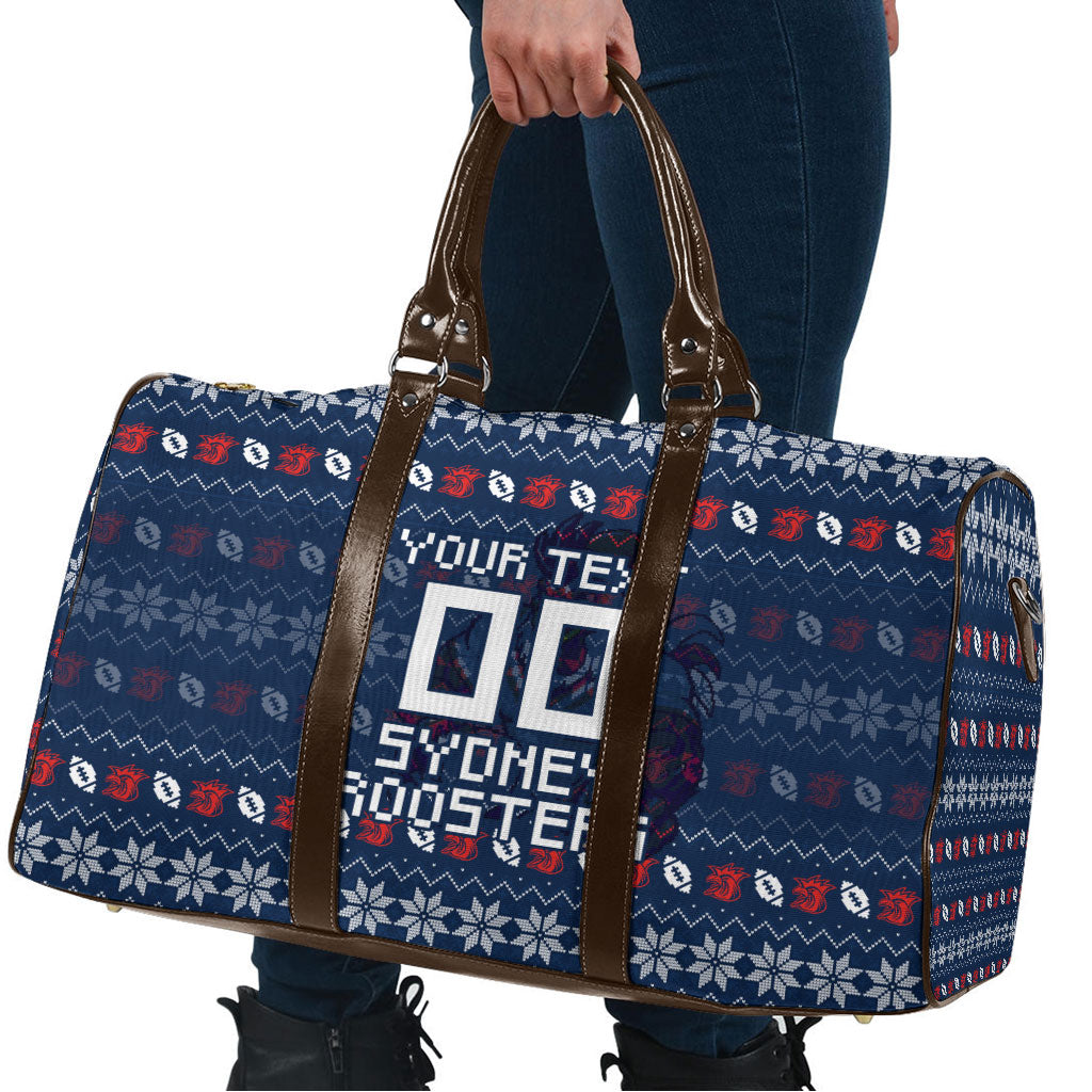Personalized Sydney Roosters Christmas Travel Bag Australian Rugby Fans - Pixelated Ugly Xmas Pattern Mascot Santa
