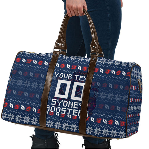 Personalized Sydney Roosters Christmas Travel Bag Australian Rugby Fans - Pixelated Ugly Xmas Pattern Mascot Santa