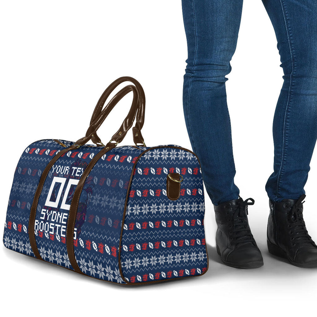 Personalized Sydney Roosters Christmas Travel Bag Australian Rugby Fans - Pixelated Ugly Xmas Pattern Mascot Santa
