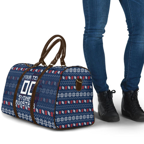 Personalized Sydney Roosters Christmas Travel Bag Australian Rugby Fans - Pixelated Ugly Xmas Pattern Mascot Santa