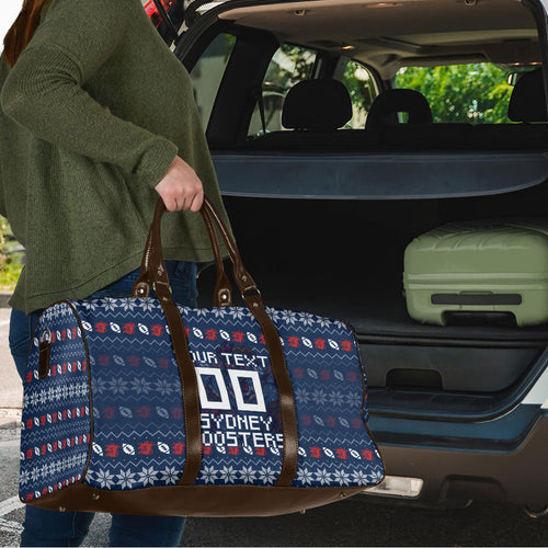 Personalized Sydney Roosters Christmas Travel Bag Australian Rugby Fans - Pixelated Ugly Xmas Pattern Mascot Santa