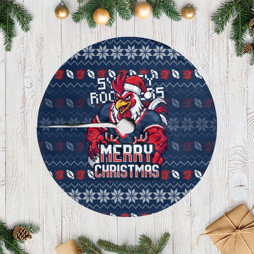 Sydney Roosters Christmas Tree Skirt Australian Rugby Fans - Pixelated Ugly Xmas Pattern Mascot Santa