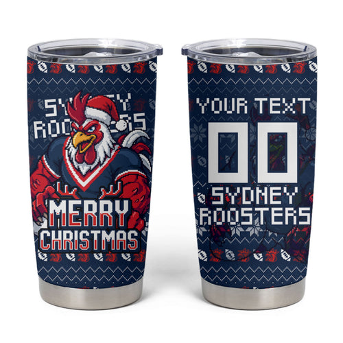 Personalized Sydney Roosters Christmas Tumbler Cup Australian Rugby Fans - Pixelated Ugly Xmas Pattern Mascot Santa