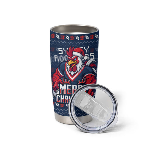 Personalized Sydney Roosters Christmas Tumbler Cup Australian Rugby Fans - Pixelated Ugly Xmas Pattern Mascot Santa