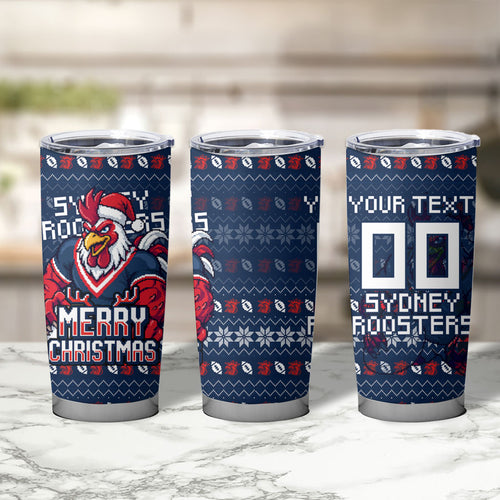 Personalized Sydney Roosters Christmas Tumbler Cup Australian Rugby Fans - Pixelated Ugly Xmas Pattern Mascot Santa