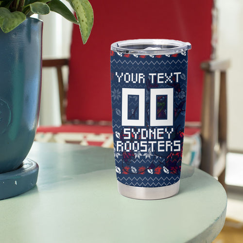 Personalized Sydney Roosters Christmas Tumbler Cup Australian Rugby Fans - Pixelated Ugly Xmas Pattern Mascot Santa