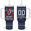 Personalized Sydney Roosters Christmas Tumbler With Handle Australian Rugby Fans - Pixelated Ugly Xmas Pattern Mascot Santa