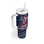 Personalized Sydney Roosters Christmas Tumbler With Handle Australian Rugby Fans - Pixelated Ugly Xmas Pattern Mascot Santa