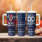 Personalized Sydney Roosters Christmas Tumbler With Handle Australian Rugby Fans - Pixelated Ugly Xmas Pattern Mascot Santa