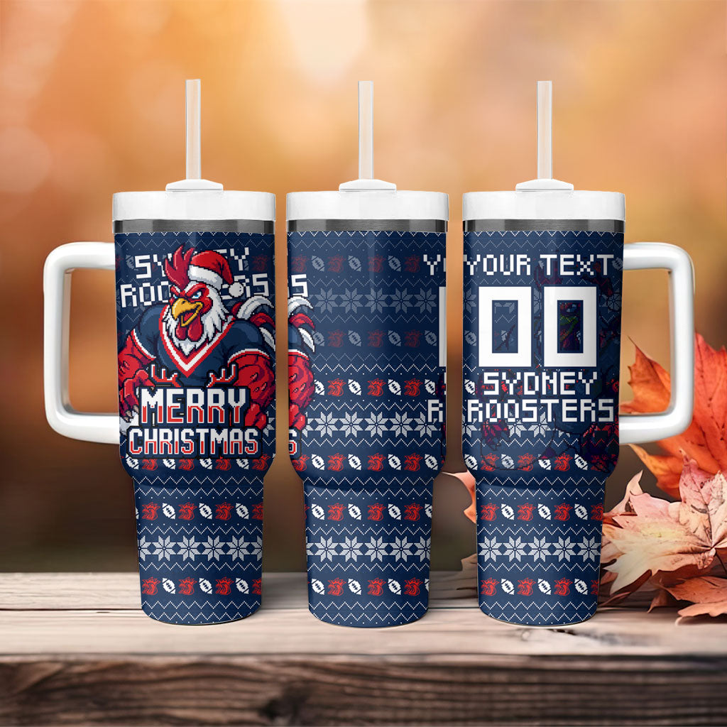 Personalized Sydney Roosters Christmas Tumbler With Handle Australian Rugby Fans - Pixelated Ugly Xmas Pattern Mascot Santa