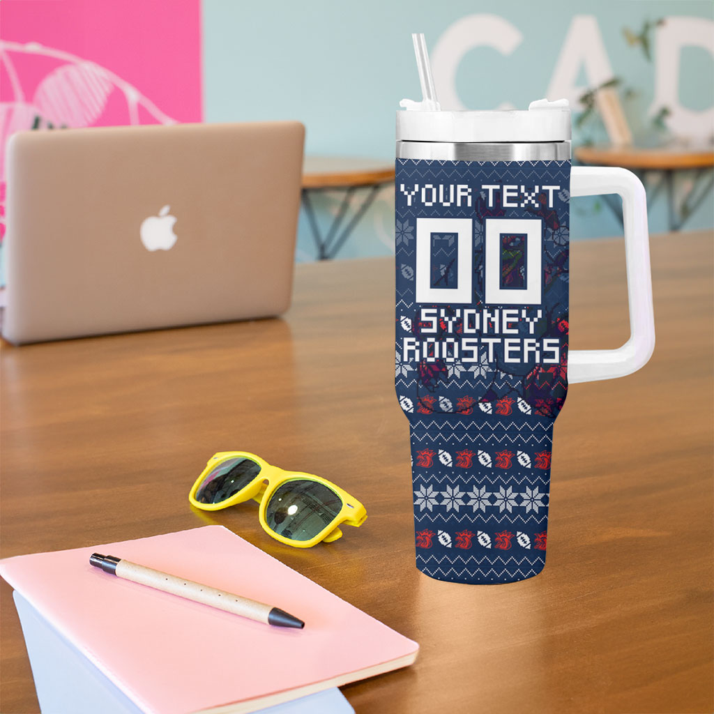 Personalized Sydney Roosters Christmas Tumbler With Handle Australian Rugby Fans - Pixelated Ugly Xmas Pattern Mascot Santa