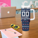 Personalized Sydney Roosters Christmas Tumbler With Handle Australian Rugby Fans - Pixelated Ugly Xmas Pattern Mascot Santa