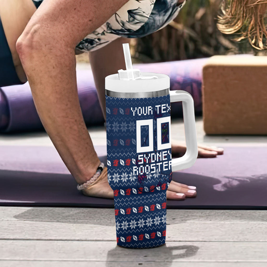 Personalized Sydney Roosters Christmas Tumbler With Handle Australian Rugby Fans - Pixelated Ugly Xmas Pattern Mascot Santa