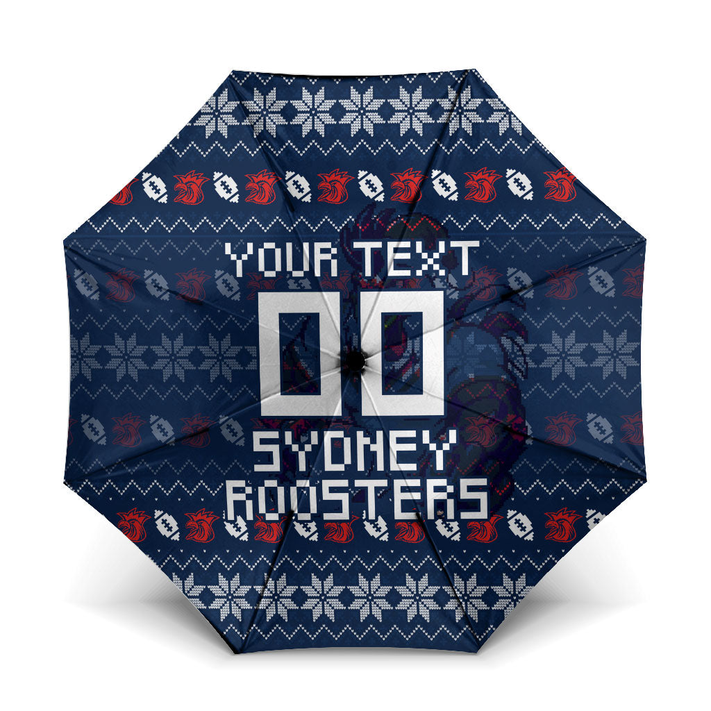 Personalized Sydney Roosters Christmas Umbrella Australian Rugby Fans - Pixelated Ugly Xmas Pattern Mascot Santa