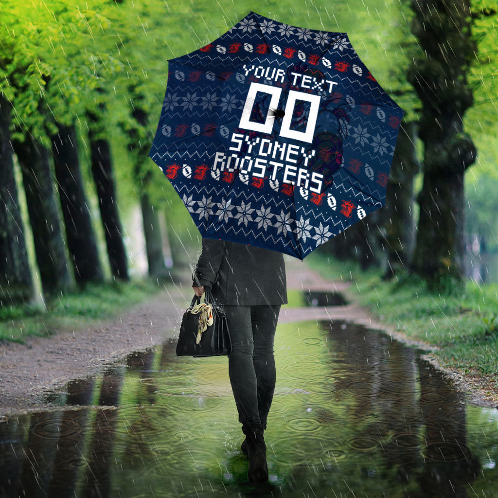 Personalized Sydney Roosters Christmas Umbrella Australian Rugby Fans - Pixelated Ugly Xmas Pattern Mascot Santa